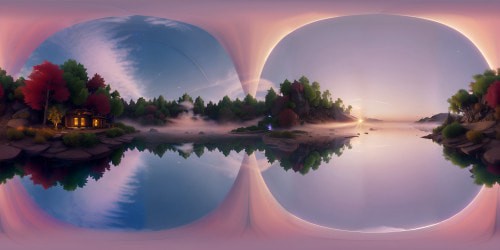 Masterpiece sunset on a lakeside island, ultra-high resolution VR360, gleaming amber sun rays piercing the mist, quiet water reflections. Fantasy art style, soft evening hues, ethereal glowing edges, misty atmosphere in VR360.