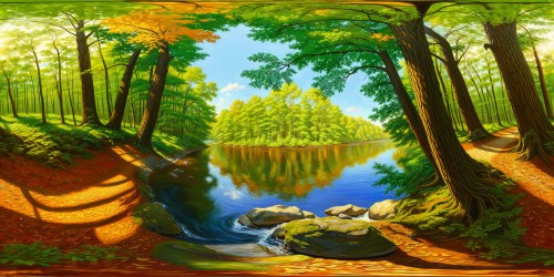 A flawless, picturesque river winding through a pristine, sunlit forest, reflecting the vibrant greenery and intricate details of every leaf and ripple in ultra high resolution, a digital masterpiece.