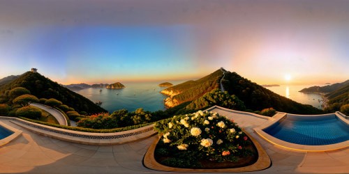 A luxurious, flawlessly designed villa perched on the hills of Busan, boasting a mesmerizing panoramic view of the shimmering sea, intricate architectural details, opulent pool reflecting the clear azure sky, intricate garden blooming with vibrant flowers, high resolution, stunning perfection.