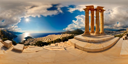 An ancient Greek city atop a majestic hill overlooking a sparkling azure sea, marble pillars gleaming in the golden sunlight, intricate carvings and statues standing testament to a bygone era, a flawless high-resolution rendition capturing the essence of myth and history.