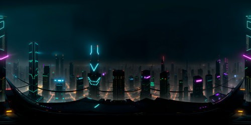 Cybernetic metropolis, towering skyscrapers with neon light reflections, intricate circuit motifs, digital billboard holograms, monorail weaving through structures, masterful VR360 depiction. Style: Ultra high-res, vibrant color contrasts, emphasis on light-play, realism infused with the surreal. Enthralling VR360 cyberpunk panorama.