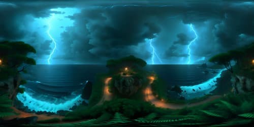 endless tropical ocean at night with thunder and lightning storm and large crashing waves
