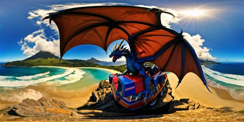 Dragons flying around while sitting on a beach with blue water and a mountain in the back Also add Optimus prime’s character and waterfalls 