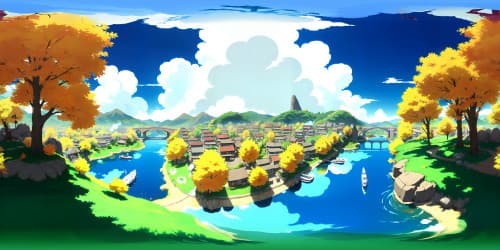 Anime style, Naruto inspired VR360 landscape. Dramatic mountaintop views, Hidden Leaf Village silhouette. Echoing ninja aesthetics, vibrant autumn foliage, cherry blossoms. Divine sunset, radiant colors. Pillars of smoke, sculpture-like clouds, sky's canvas in VR360. Masterpiece, ultra-high resolution.