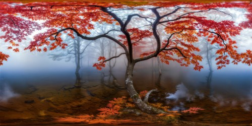 An unparalleled virtual reality experience showcasing a flawlessly serene crystal-clear river meandering through ethereal mist, bordered by meticulously arranged vibrant autumn maple trees aglow with radiant hues, all enveloped in a surreal veil of white fog.