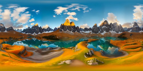 Ultra high-res Dolomites, jagged peaks, serene alpine lakes. Mid-autumn, soft sunset hues, golden larches. VR360 crisp clarity, photorealistic style, artistic finesse. VR360 immersion in nature's masterpiece.