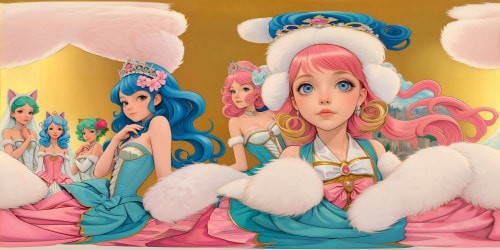 Immaculate VR360 panorama featuring a quintet of regal princesses, exuding sophistication in white fur and hints of pink, with striking blue eyes, radiant gold hair, showcasing detailed armpits and feline ears, in a photorealistic, refined style, optimized for ultra high-resolution VR immersion.