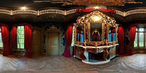 An impeccably detailed haunted mansion swallowed by sinister shadows, decaying walls with tattered crimson curtains, eerie glowing windows, twisted trees looming, moonlit mist swirling, ghastly phantoms lurking within, ultimate horror.