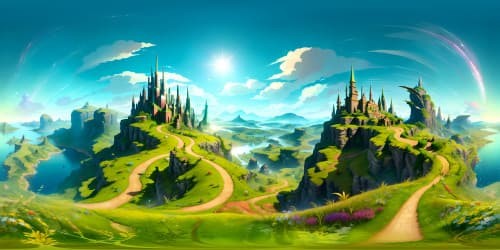 Ultra-high res VR360, masterpiece-style, Emerald City from Wizard of Oz, glistening green spires, iridescent domes against azure skies, winding Yellow Brick Road stretching toward horizon, subtle glow emanating from city, VR360 vastness of surrounding Land of Oz