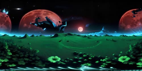 a red moon with a lot of blue an green stars above it