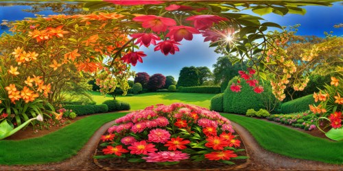 Lush garden oasis, meticulously tended with a vibrant array of blossoming flowers, sparkling droplets from a watering can catching the brilliant midday sun, a tranquil symphony of hues and textures, breathtakingly detailed in ultra-high resolution, a masterpiece of botanical beauty.