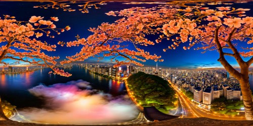 A flawless ultra-high resolution cityscape of Tokyo, seamlessly merging ancient temples with towering skyscrapers, neon lights shimmering on the tranquil river, cherry blossom petals swirling through the air in a mesmerizing dance, an artistic masterpiece of immersive detail and visual perfection.