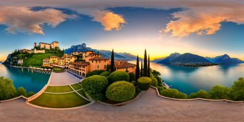 An exquisite ultra-high-resolution depiction of Riva del Garda's idyllic lakeside promenade at twilight, framed by lush rolling hills, where opulent rooftop gardens overlook the scene, offering a flawless blend of lush greenery under a gentle evening sky, embellished with a palette of soft pastels and the tranquil allure of a lakeside sanctuary.