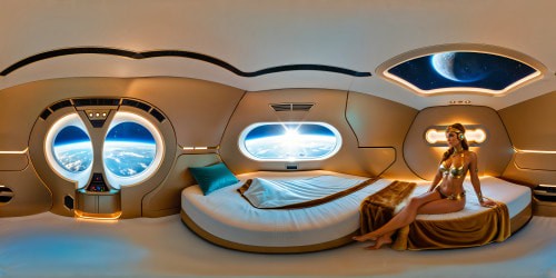 A flawlessly detailed, ultra-high-resolution futuristic spacecraft bedroom, gleaming metallic surfaces, ambient lighting illuminating advanced holographic interfaces displaying distant galaxies in mesmerizing detail, an elegantly posed figure of Slave Leia by the bedside, exuding opulent sci-fi luxury.