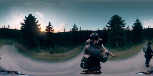 a men wearing a campaign hat and holding an ax (in the dusk)