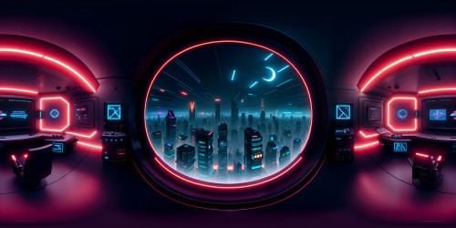 Ultra high res, VR360 masterpiece, cyberpunk apartment, warm color palette, glowing neon lights, striking contrast, intricately designed scientific instruments, advanced technology, futuristic layout, VR360 observatory with city skyline. Cyberpunk, grungy, science-inspired art style.