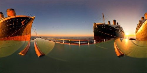 A flawless, ultra-high-resolution depiction of the Titanic's bow, bathed in the warm glow of the setting sun, a maritime masterpiece capturing the sheer grandeur and immaculate beauty of this iconic vessel, impeccably detailed and flawless in its perfection.