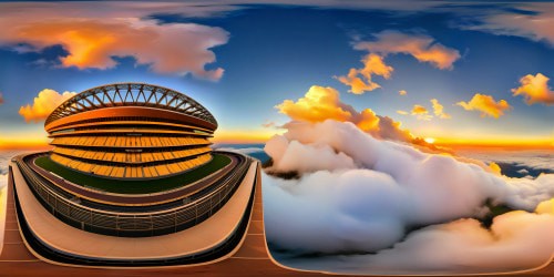 A colossal state-of-the-art stadium gleams under a vibrant, golden sunset, flawless architectural details, intricate metalwork, and flawless symmetry, ready for an epic event, captured in exquisite ultra-high resolution.