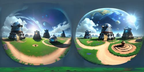 Dr. Who-inspired VR360 landscape, TARDIS centerpiece, canine-shaped silhouettes, superior resolution. Quirky Dalek dog houses, Gallifrey-style dog parks. Pixar-style, rich, vibrant colors, whimsical, master-quality digital painting. Sky speckled with time rifts, star-studded canvas. Breathtaking VR360 immersion.