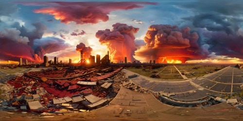 A mesmerizing apocalyptic landscape, with a shattered world bathed in the eerie glow of a nuclear explosion's aftermath, twisted ruins, billowing toxic clouds, shattered skyscrapers, fiery devastation, and a crimson-streaked sky, a grim masterpiece in ultra-high resolution.