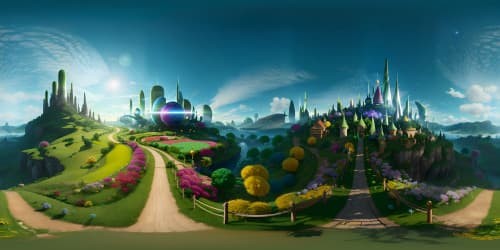 Ultra-high res VR360, masterpiece-style, Emerald City from Wizard of Oz, glistening green spires, iridescent domes against azure skies, winding Yellow Brick Road stretching toward horizon, subtle glow emanating from city, VR360 vastness of surrounding Land of Oz