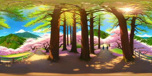 Studio Ghibli style image of Arashiyama, Kyoto. Warm and sunny spring day, cypress trees, cherry blossoms, dreamlike joyful atmostphere.