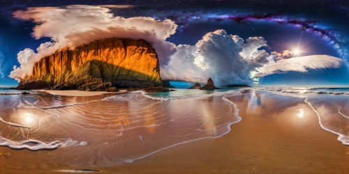 Spectacular cosmic shoreline in space, with glistening crystal sands, towering celestial rock formations, glowing nebulas on the horizon, iridescent waves crashing under a starlit galaxy, every detail captured in flawless ultra-high resolution perfection.