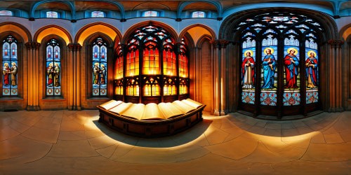 Within a stunning gothic cathedral, candlelight illuminates meticulously crafted stained glass windows portraying epic scenes of the crusades, every detail captured in flawless ultra-high resolution, a true masterpiece of artistry and light.