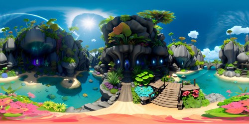 VR360: Polished masterpiece style, Fiji islands' gem-like lagoons, lush tropical foliage, iridescent coral reefs. Ultra high res VR360: majestic waterfalls, vibrant rainbow arches, shadowy labyrinths of mysterious sea caves. Style: rich, deeply-saturated hues, hyperrealistic textures, intricate detailing.