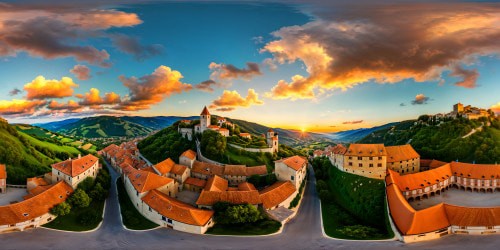 Majestic medieval village set among rolling hills, ancient stone buildings, terracotta roofs, intricate cobblestone streets, lush vineyards, warm golden hour light, highly detailed ultra HD rendering.