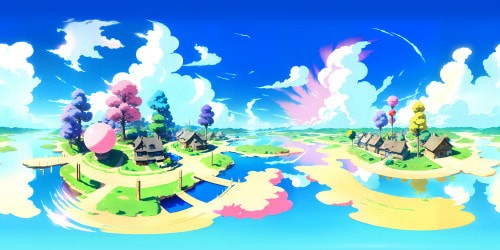 Masterpiece-quality VR360 scene, ultra-high res visuals. Captivating array of oversized, vibrant lollipops, scattered across pastel-hued, candyland-like terrain. Sweeping, surreal skies, candy floss clouds. Pixar-like vibrancy, fantasy art charm.