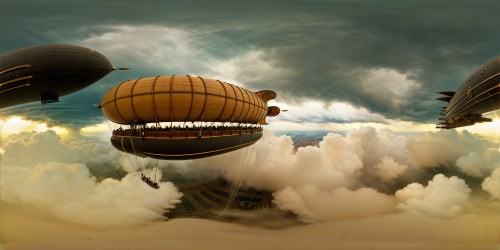 Gargantuan steampowered airship ominously docked at the bustling floating metropolis, colossal banners billowing in the turbulent winds as an impending storm brews, setting a dramatic, high-resolution masterpiece in motion.