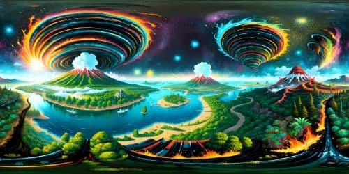 Ultra high-resolution VR360 view, volcano Island, grandeur, fiery eruptions painted with finesse, omnipresent molten lava, smoky ash clouds. VR360 panorama, digitally painted masterpiece, vivid colors, striking contrasts.