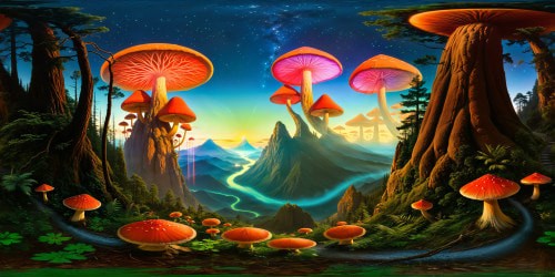 In a flawless fantasy world, an expansive mushroom forest unfolds, colossal trees looming overhead, strange alien life forms meandering through vibrant undergrowth, a winding road leading towards a majestic mountain under a starlit night sky with a mystical, ethereal glow.