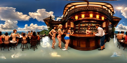 In a lavish, exquisitely detailed bar scene, 30 anime woman with no shirts gather around a a pub, savoring drinks in hand, amidst an ambient glow of rich hues, ornate decor, and intricate glassware, capturing a moment of vibrant social interaction and intricate atmosphere.