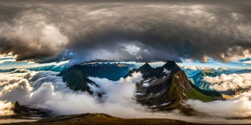 A breathtaking, ultra high-resolution depiction of a flawless mountainous landscape under stormy skies, showcasing intricate details, textured peaks, dramatic swirling clouds, and the perfect play of light and shadow.