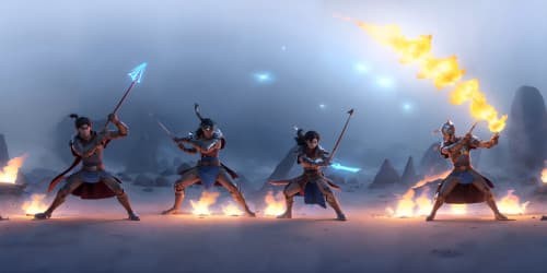 three asian women sexy warriors wth staffs. one is carrying a flaming trident' all are wearing bikinis and dark blue wings.