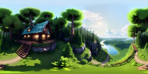 VR360: Pristine, enchanting cabin, Kirito and Asuna's refuge, 22nd floor. Picturesque forest view, rich foliage, tranquil lake. Saturated in Sword Art Online style visuals. Ultra-high-resolution VR360 scene, a beautifully serene masterpiece, ultimate quality. Pixellated magic hour sky, softly glowing cabin interior.