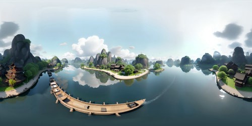 Chinese ink masterpiece, solitary boat drifting, tranquil river scene. VR360 mingling of misty clouds, cold, serene waters. Ultra high-res texture, traditional classical art style. VR360 panoramic view, striking, immersive Chinese ink impression.