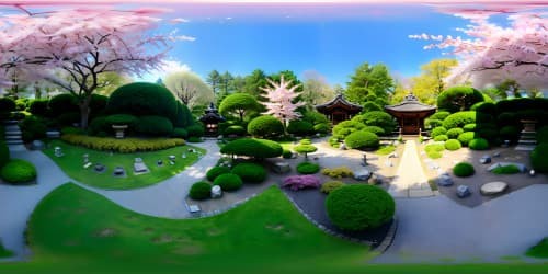 Masterpiece quality, ultra-high res, VR360 view of serene Japanese gardens. Zen stones, cherry blossoms in full bloom, Koi filled ponds, moss blanketed stone lanterns. Styled in lush anime, exuding tranquility. VR360 immersive feeling of peace, vibrant colors.