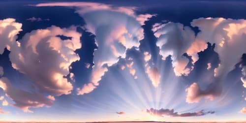 Ultra high-resolution VR360 scene, Botticelli-like pastel skies. Blushing sunset, pearl clouds, striking shapes. Subtle silhouette, gentle contrasts. VR360, enchanting, immersive. Pastel-toned sunset, luminescent cloudscape. Drama in light, texture. Masterpiece quality, ultra-high res VR360.