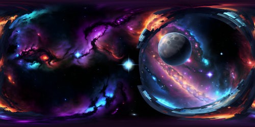 VR360 masterpiece, ethereal sky hues, ultra-high-res nebulae, stardust trails. Picasso-esque abstract style, celestial bodies in Cubist form. VR360 view, prismatic galaxy clusters, bold brush strokes, vivid color plays.