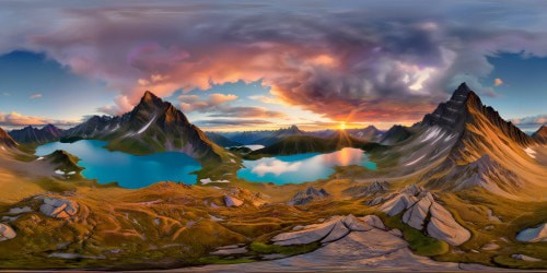 Immersive ultra-high-res VR360 panorama capturing a hidden lake nestled amidst enchanting mountains, ethereal floating wyverns on the horizon, radiant sunset hues mingling with pastel clouds, a realm of exquisite fantasy art showcased in flawless detail and vibrant color.