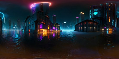 Cthulhu-style cyberpunk cityscape at night, animated mystery atmosphere, connotations of intrigue. VR360 scene: dystopian skyscrapers, eerie neon lights, labyrinthine alleys. Style: Lovecraftian horror, cyberpunk aesthetics, anime-infused visuals. Masterpiece quality, ultra-high resolution, VR360 view.