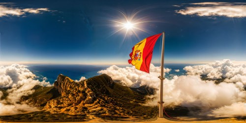 A flawless, high-resolution depiction of a massive vintage Spanish flag from the 1960s, billowing majestically with rich crimson and golden hues under the bright Mediterranean sun, every intricate thread and stitch perfectly detailed for artistic grandeur.