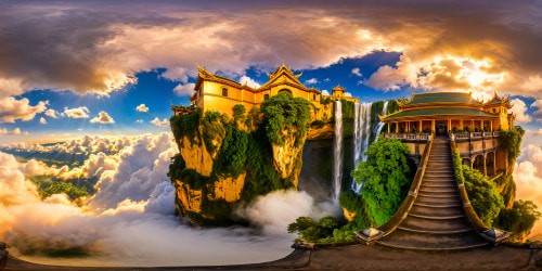 A breathtaking, flawless 8K digital painting of an ancient mythological city floating among celestial clouds, intricate golden architecture, cascading waterfalls, mystical glowing orbs, and verdant hanging gardens gracing the sky.