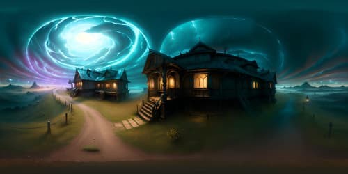 Ultra high-resolution VR360, masterpiece of Silent Hill inspired ambiance, misty landscapes, thick fog, decaying structures, dark night sky, nightmare landscape. Style: photo-realistic with a touch of horror, eerie glow from the moon. 