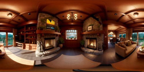 Pixar-style VR360 masterpiece, ultra high-res, Timber-lined cozy living room, roaring fireplace, plush rugs, rich tapestries, antique furniture. Warm ambience, fire glow, emphasis on texture, depth. VR360 immersive, inviting night scene, superior quality.