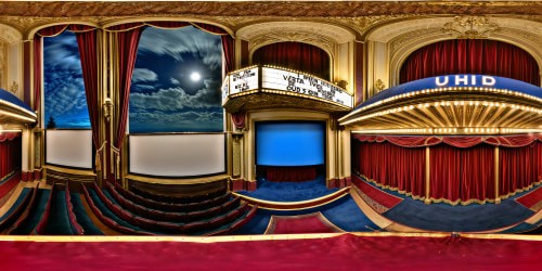 Imposing vintage West End theatre facade gleaming under a moonlit sky, intricately carved marquee, flawless vintage lights, elegant velvet curtains framing the ornate entrance, every corner oozes dazzling charm and intricate details, a cinematic perfection captured in ultra-high resolution, a true masterpiece of grandeur and elegance.