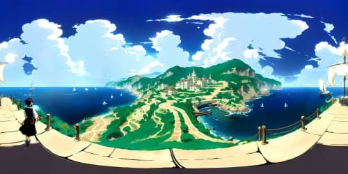 One Piece VR360, ultra-high-resolution masterpiece. Going Merry, Thousand Sunny in grand line, iconic locations, timeless characters, epic battles. Intricate detailing, painting-style. VR360 scene, superior quality, unparalleled fineness.